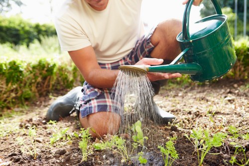 Gardener working in a small Euston front garden with tools